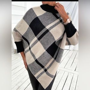 Mock Neck Plaid Knit Poncho
